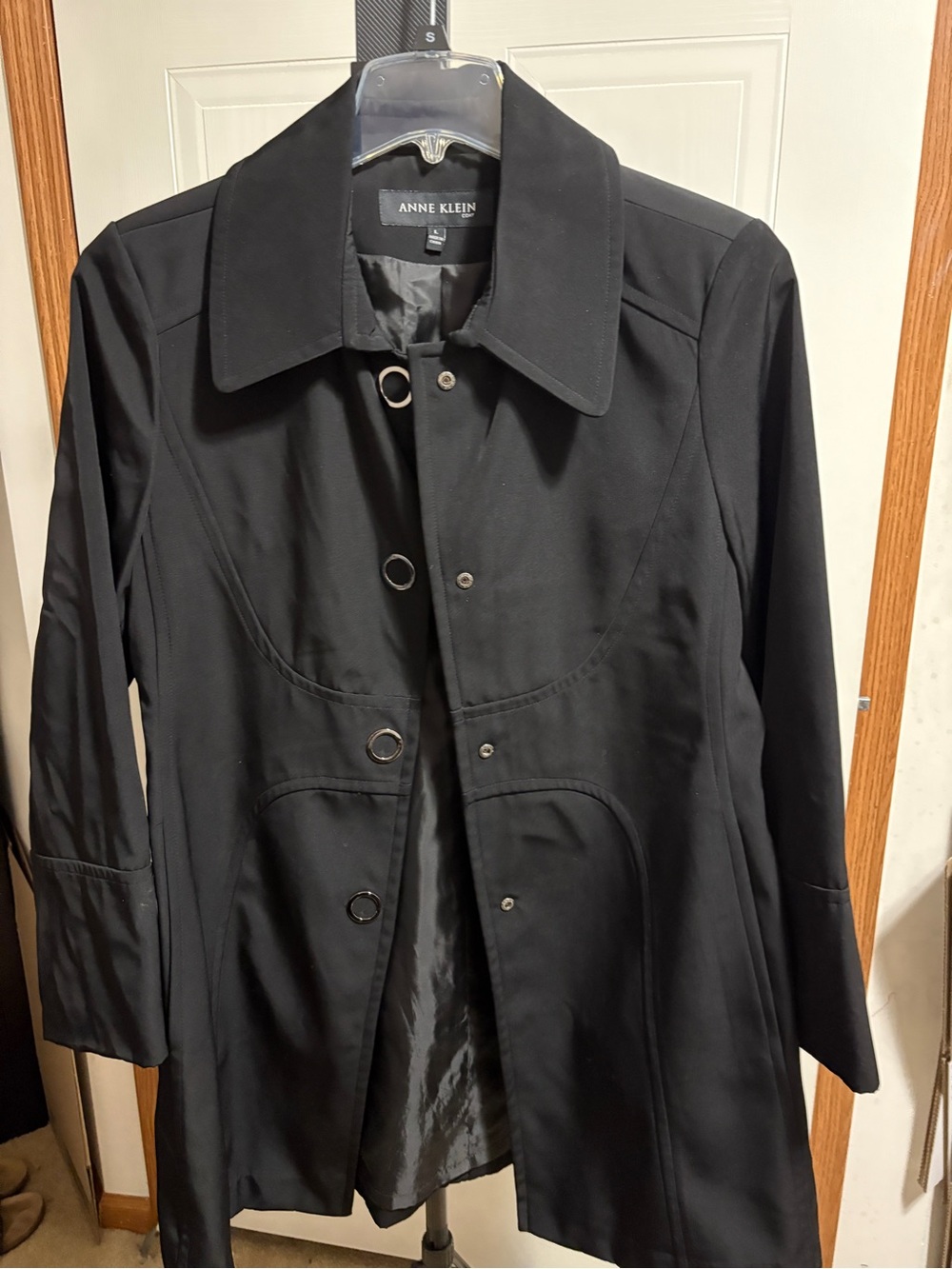Anne Klein Black Ring-Button Trench Coat